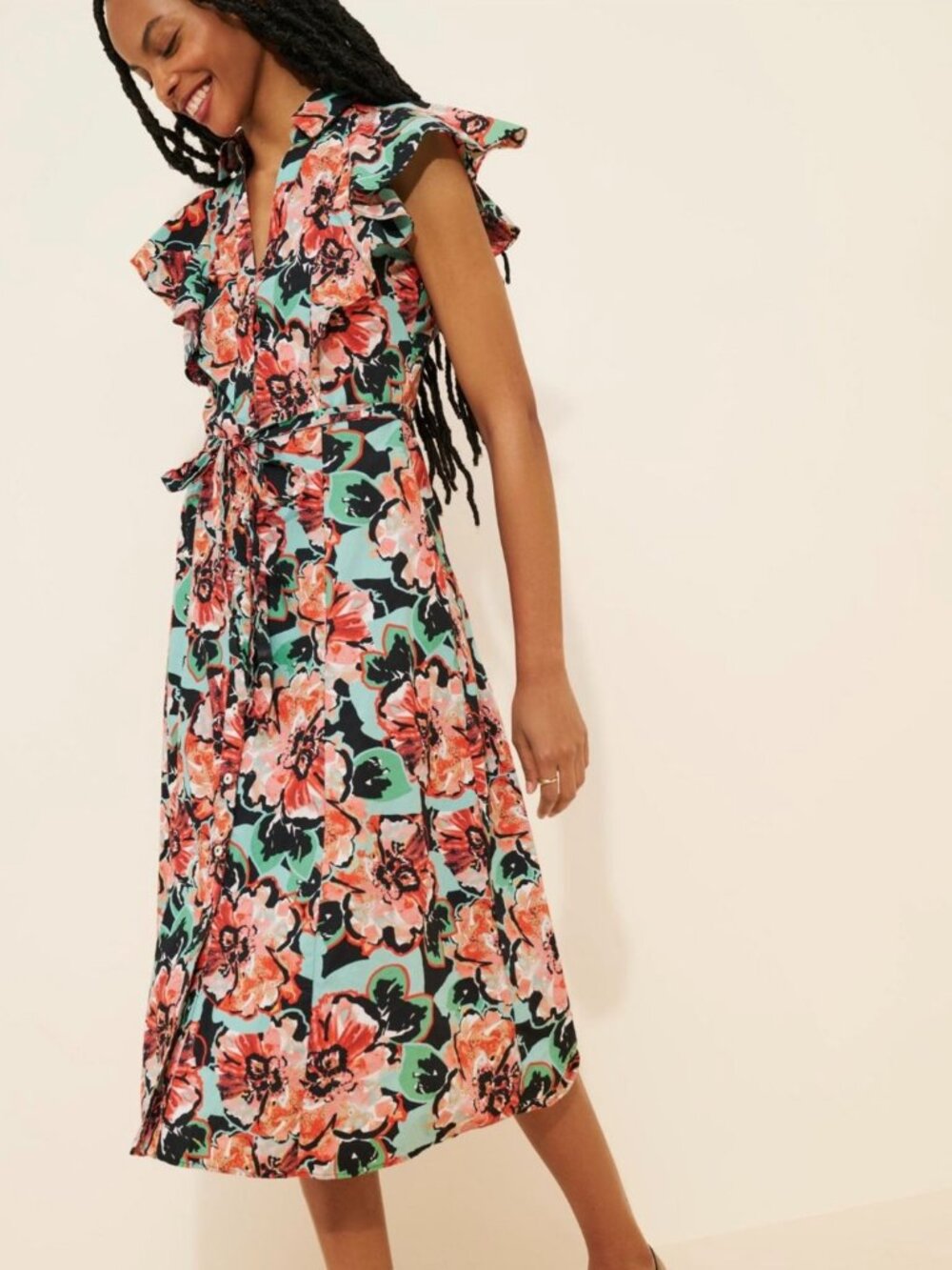 Anthropologie - Maeve Flutter-Sleeve Midi Shirt Dress - S, Petite - EUC